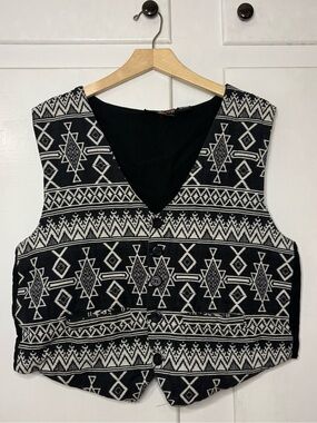 Vintage 90s Thums Up Black White Cotton Rayon Southwestern Aztec Tapestry Vest